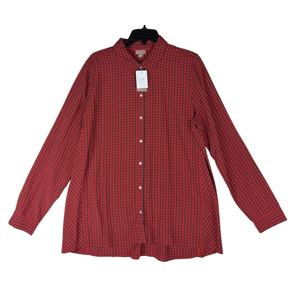 J. Jill Red Black Gingham Check Button Down Shirt Tall Medium 718964 Rayon NWT